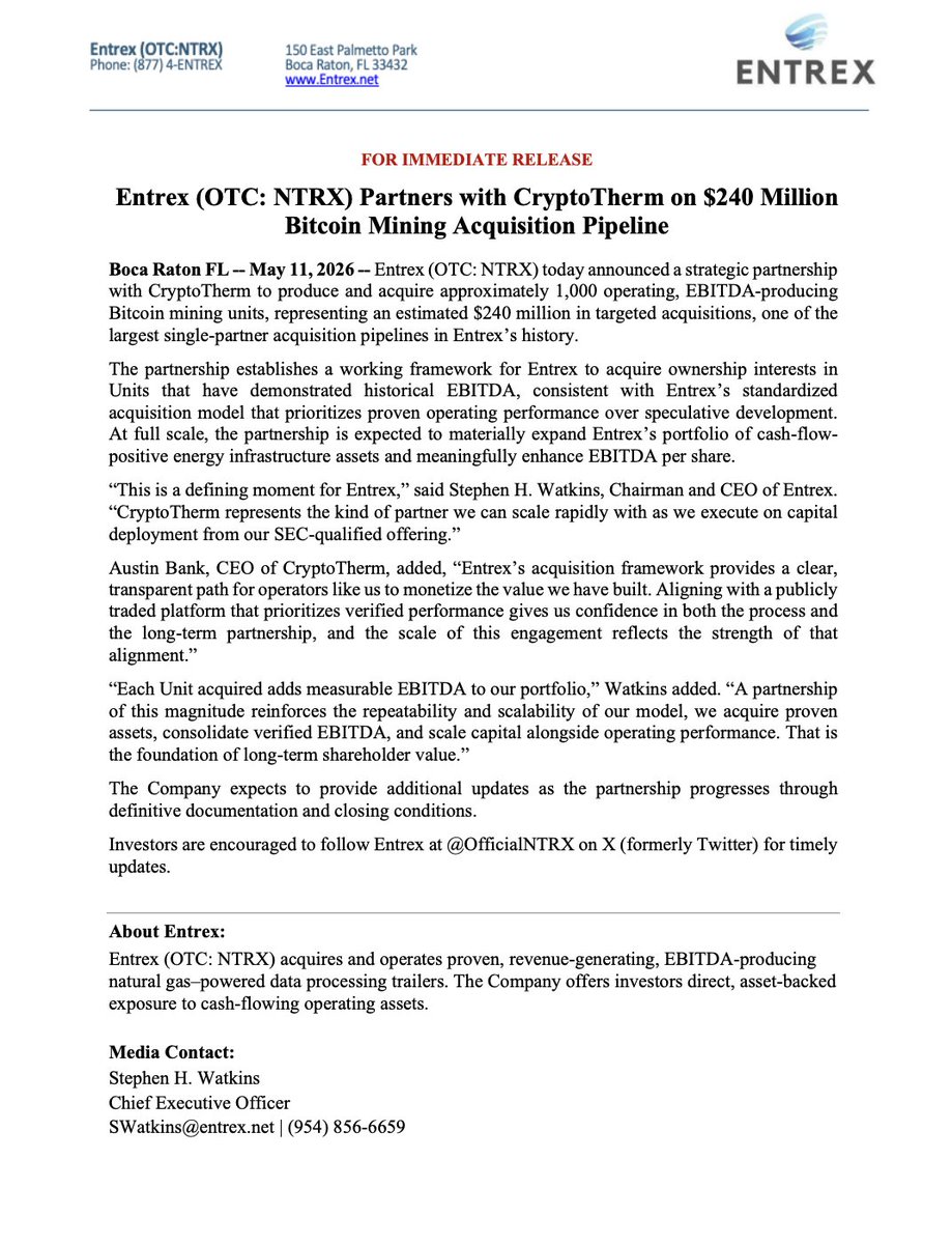 officialntrx's tweet photo. Entrex (OTC: NTRX) Partners with CryptoTherm on $240 Million
Bitcoin Mining Acquisition Pipeline https://t.co/dnDWqGO52m