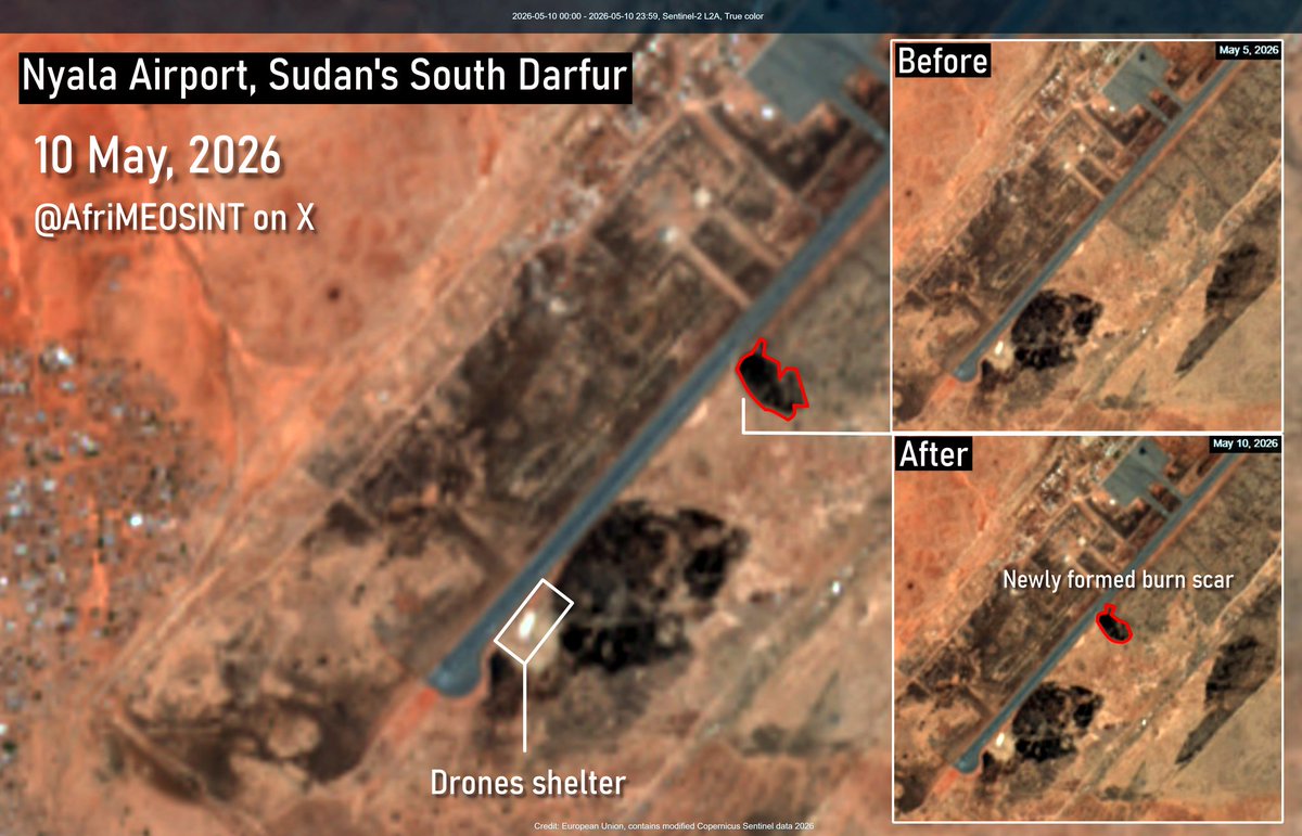 AfriMEOSINT's tweet photo. A new burn scar was identified between 5 and 10 May near the runway at the RSF-operated Nyala Airport in South Darfur, Sudan 🇸🇩.

It is unclear whether it was caused by the Sudanese Armed Forces (SAF) drone strike or by grass fires in the area. https://t.co/OzIS4aLHwc