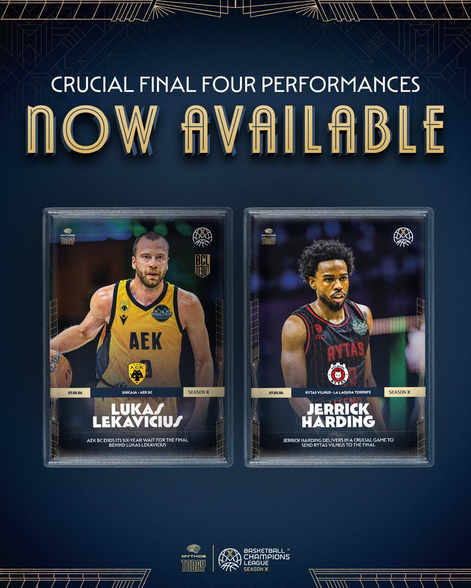 mythoshoops's tweet photo. 🔥 THE FINAL IS SET  

One game away from the trophy. Two players who stepped up when everything was on the line.  

Jerrick Harding delivered another unforgettable performance for Rytas Vilnius against La Laguna Tenerife, exploding for 29 points alongside 3 rebounds and 5 assists. The scoring guard earned MVP honors and sent Rytas Vilnius to the first Basketball Champions League Final in club history.  

Lukas Lekavicius led AEK BC past Unicaja with a complete performance, finishing with 14 points, 4 rebounds, and 5 assists. The Lithuanian playmaker earned MVP honors and guided AEK BC back to the Final after six years.  

Final moments. MVP performances. Cards worth collecting. 💥  

🛒 Cards are now on sale: https://t.co/0QROT2nFyy

#MythosToday #BCL #BasketballCL #FinalFour  
#JerrickHarding #LukasLekavicius  
#RytasVilnius #AEKBC