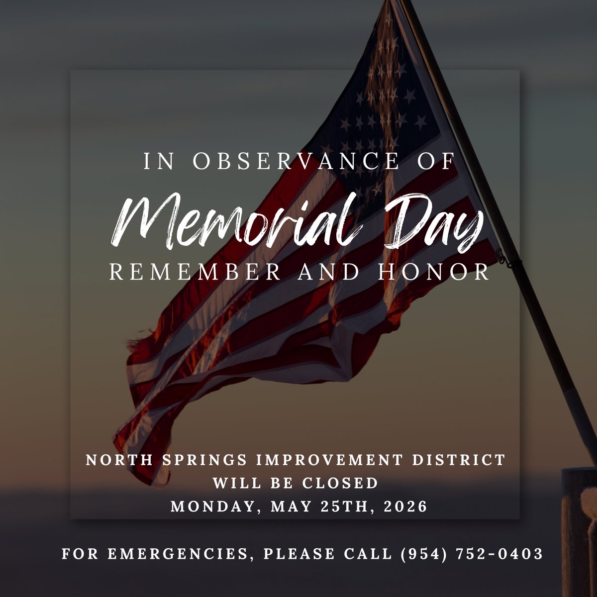 NSID_DISTRICT's tweet photo. This Memorial Day, North Springs Improvement District honors and remembers the brave men and women who made the ultimate sacrifice for our country. We are forever grateful for their courage and the freedoms they protected.

In observance of the holiday, our offices will be closed on Monday, May 25. For any water or sewer emergencies during this time, please call 954-752-0403.

Wishing our community a safe and meaningful weekend of reflection. 🇺🇸✨

#MemorialDay #HonorAndRemember #NSID #CoralSprings #CommunitySupport