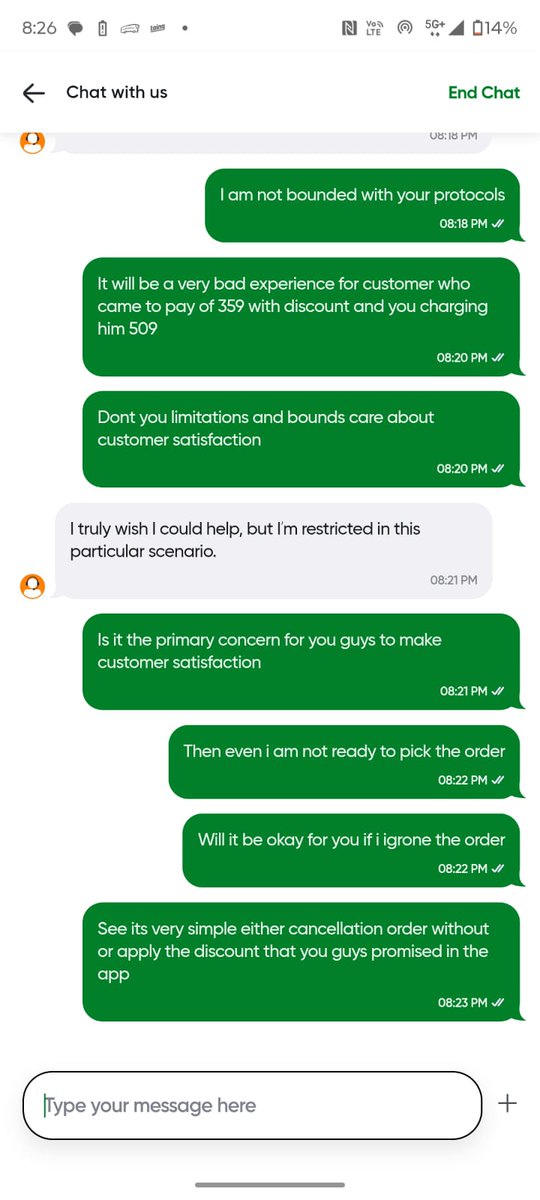 Varshith1703's tweet photo. @Swiggy @toing_it how should I consider it as 
A very bad first experience by toing. I asked either discount or cancel my order and not at all talking relavent to topic and talking about bounds &amp; protocol. Is it customer satisfaction is your primary concern. Want a quick solution https://t.co/mK6hbq7KQ5