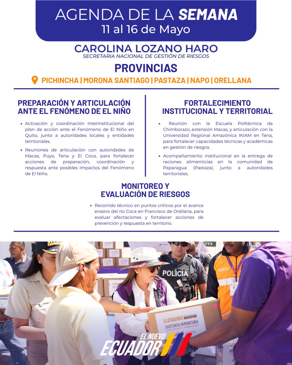 Riesgos_Ec's tweet photo. Agenda de la semana | 11 al 16 de mayo 

Nuestro compromiso continúa en territorio: prevención, articulación y trabajo conjunto para proteger a la ciudadanía.🇪🇨🫱🏼‍🫲🏽

@CaroLozanoHaro https://t.co/ggZOAniiAb