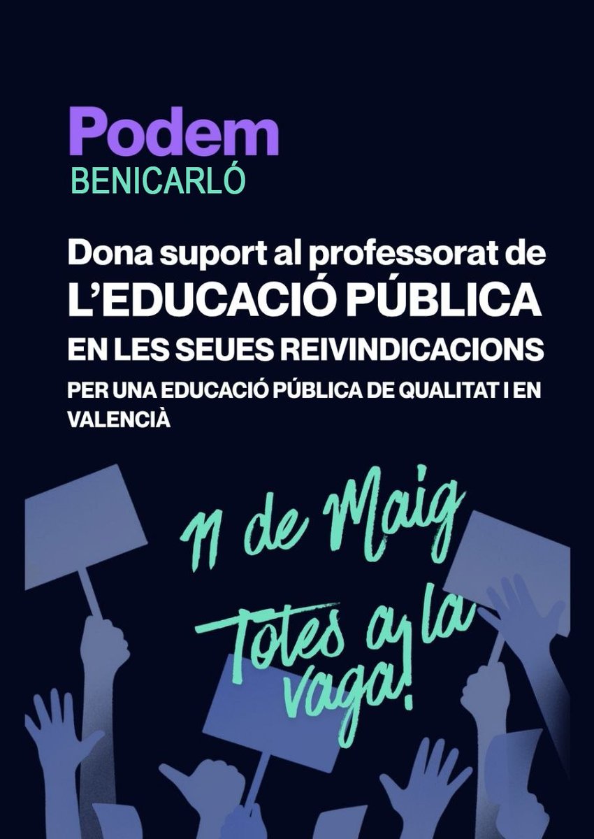 PodemBenicarlo's tweet photo. Tot el meu suport a la vaga del professorat. Defensar una educació pública digna és defensar el futur del nostre poble. Reivindiquem unes condicions laborals justes, més recursos per a les aules i el respecte a la tasca docent. I defensem la nostra llengua: el valencià https://t.co/G0eMdh6GBS