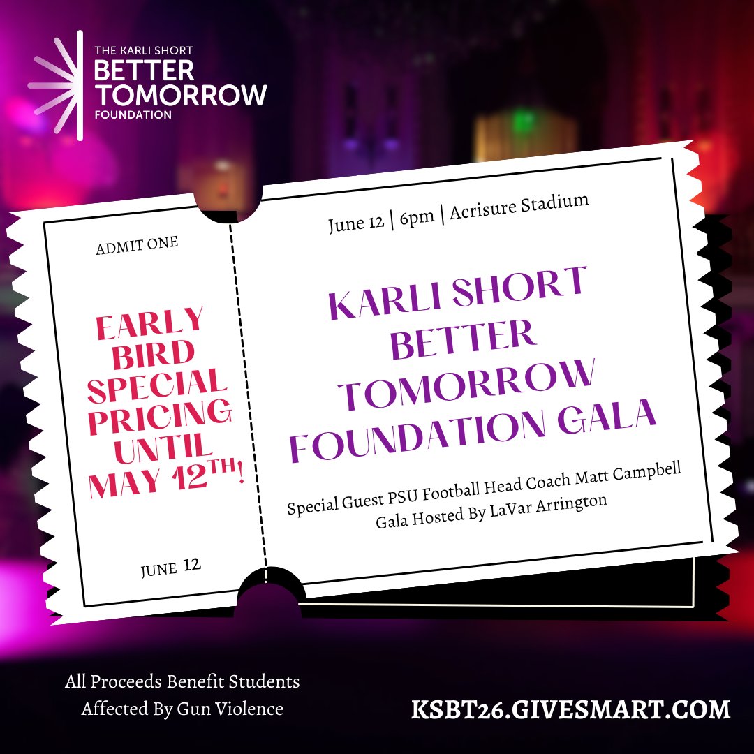 KSBTFoundation's tweet photo. 🎟️ https://t.co/rkKt9VLEEo 🎟️

LAST CHANCE for the Early Bird Discount! The Karli Short Better Tomorrow Foundation Gala will be filled with sports legends, a chance to bid on auction items, &amp; more. All proceeds benefit students impacted by gun violence.

@brandonshort43 https://t.co/5sE7O3CrCq