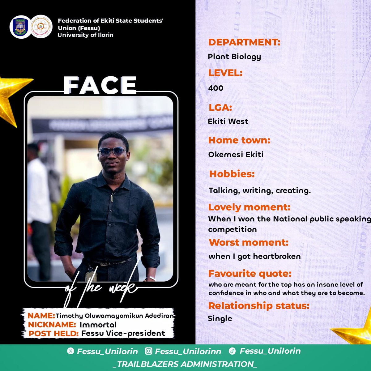 FESSU_UNILORIN's tweet photo. MEET THE FESSU FACE OF THE WEEK

Meet Timothy Oluwamayomikun Adediran, a proud son of Okemesi-Ekiti, currently serving as the Vice President of our prestigious Union. https://t.co/GjL9QxS2EU