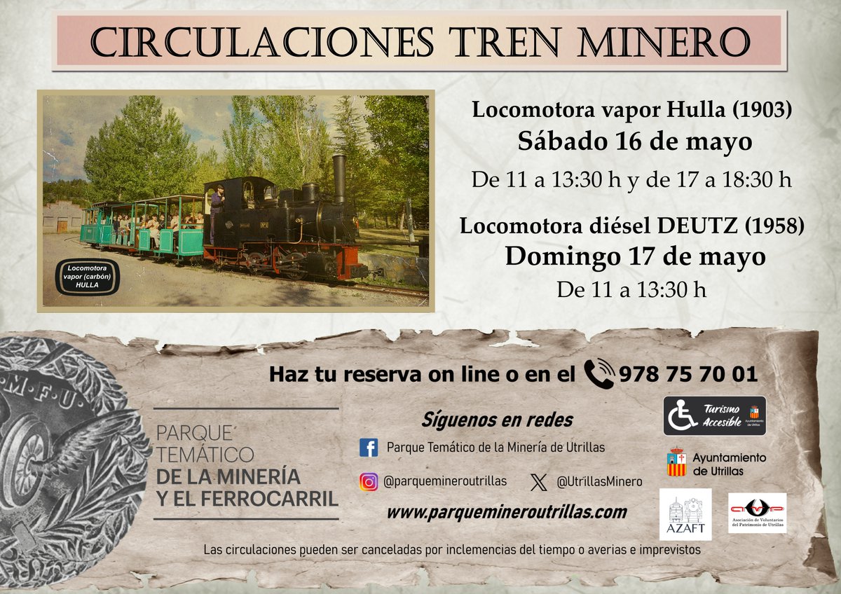 UtrillasMinero's tweet photo. 🗓️ Descubre el #ParqueTemático de la #mineria y el #ferrocarril y las circulaciones del 🚂 Tren Minero de Utrillas !!!
👉 Sábado 16 con la #locomotora de vapor #hulla de 1903 de 11 a 13:30 h y de 17 a 18:30 h,
👉 Domingo 17 de 11 a 13:30 h con la locomotora #diésel #deutz de 1958 https://t.co/VXAQcpT3Cz