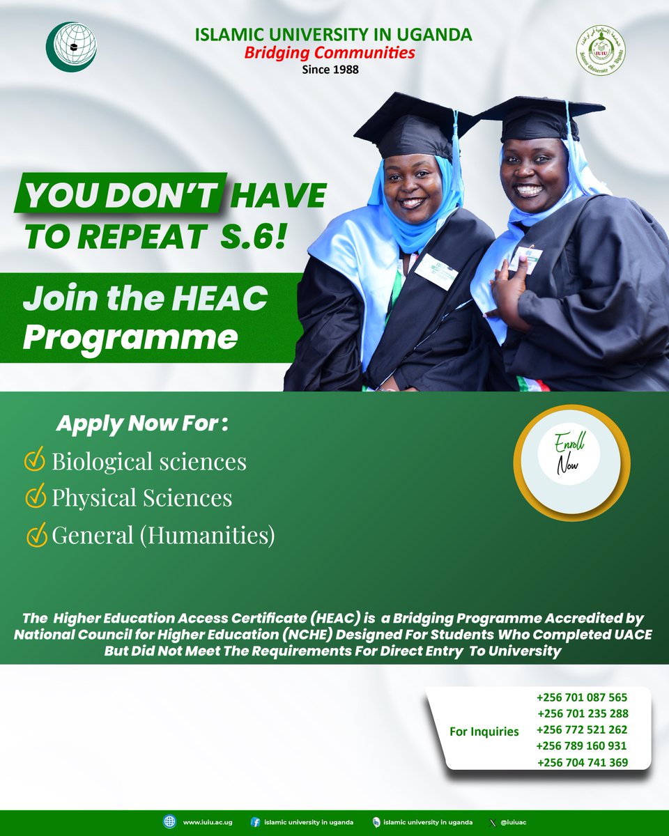 iuiuac's tweet photo. Unlock your future through the Higher Education Access Certificate (HEAC) Programme at IUIU. 

#islamicuniversityinuganda
#bridgingcommunties
#Since1988
#MyUNiversityMyPride https://t.co/E8TObOovvK