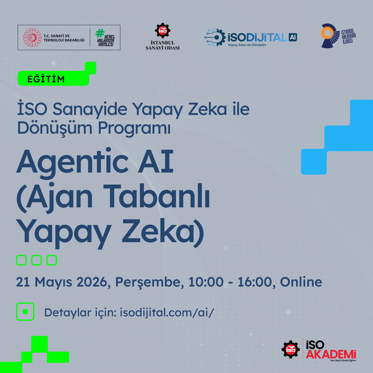 isodijital's tweet photo. İSO DİJİTAL AI kapsamında düzenlenecek Agentic AI (Ajan Tabanlı Yapay Zekâ) eğitiminde; yapay zekâ ajanlarının çalışma prensipleri ve kurumsal kullanım alanları ele alınacaktır.

Katılım ücretsizdir.

Kayıt ve detaylı bilgi:

🔗 https://t.co/x4vUjhtgqe https://t.co/lUx6OhG3MJ
