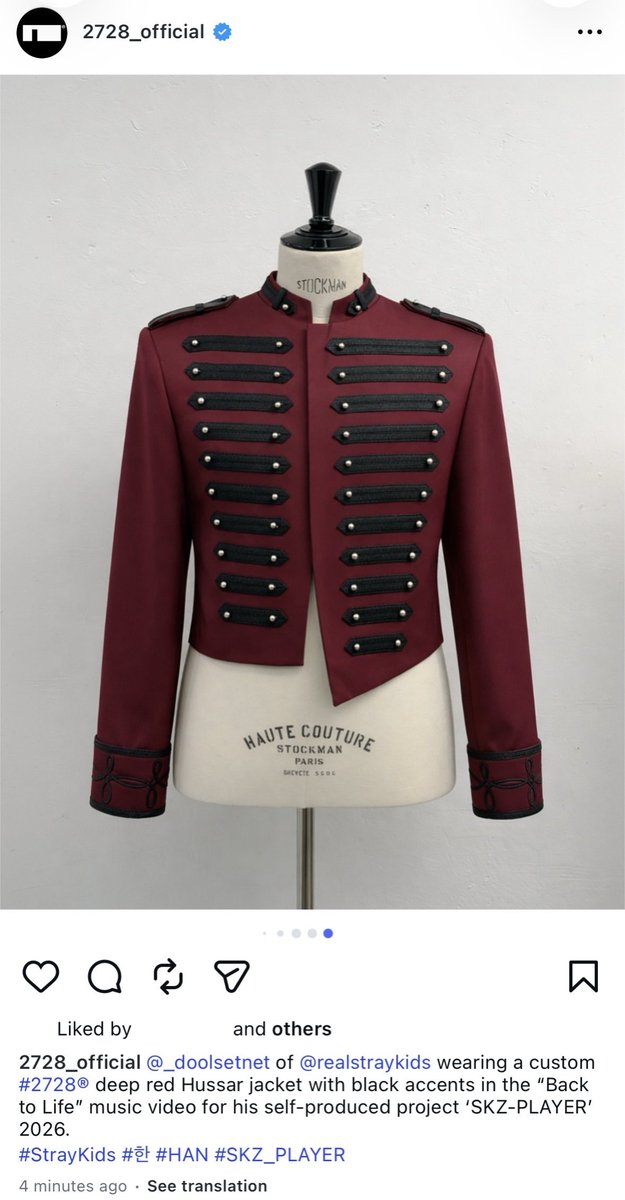 914soup's tweet photo. 💬_doolsetnet of realstraykids wearing a custom 2728® deep red Hussar jacket with black accents in the "Back to Life" music video for his self-produced project 'SKZ-PLAYER' 2026.

https://t.co/pC4HprykHp https://t.co/0RNK4hIlJz