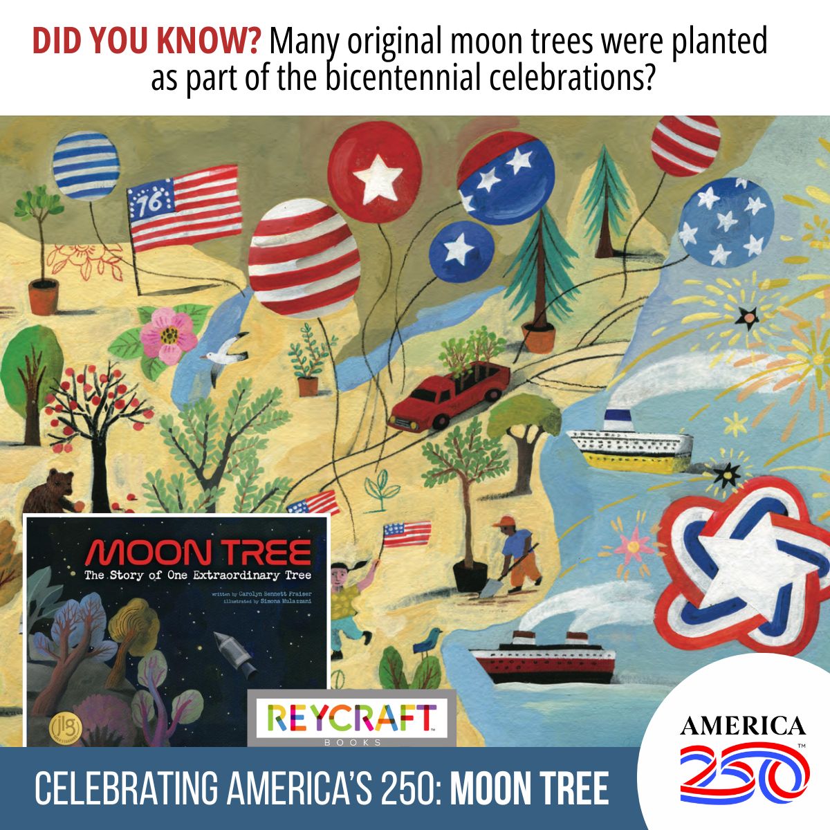 CarolynBFraiser's tweet photo. The #moontrees were an important part America's #bicentennial celebrations. I'm currently booking author events this fall for #America250. If you are interested,  reach out to me! https://t.co/BZVGYExAgi

@reycraftbooks #STEM #NASA #teachers #librarians #Semiquincentennial https://t.co/ZJdHFqK9l0