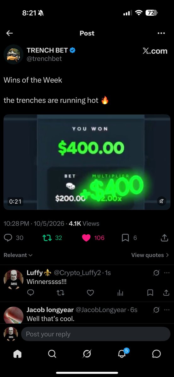 Crypto_Luffy2's tweet photo. @trenchbet Done @trenchbet let’s goooo

Can’t wait to be the winner!! https://t.co/rTZ1W8TM5q