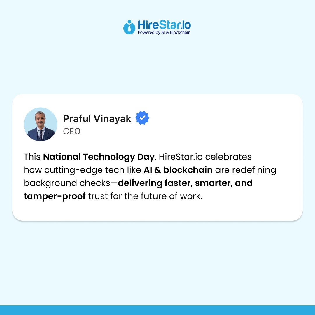 Hirestario's tweet photo. The future of work is being built on trust. And trust is being built on technology, AI that flags what the eye misses, blockchain that seals what hands used to forge.
This #NationalTechnologyDay, https://t.co/dh8MrSRbPa stands for a world where integrity is non-negotiable. https://t.co/pesEwtg5bb