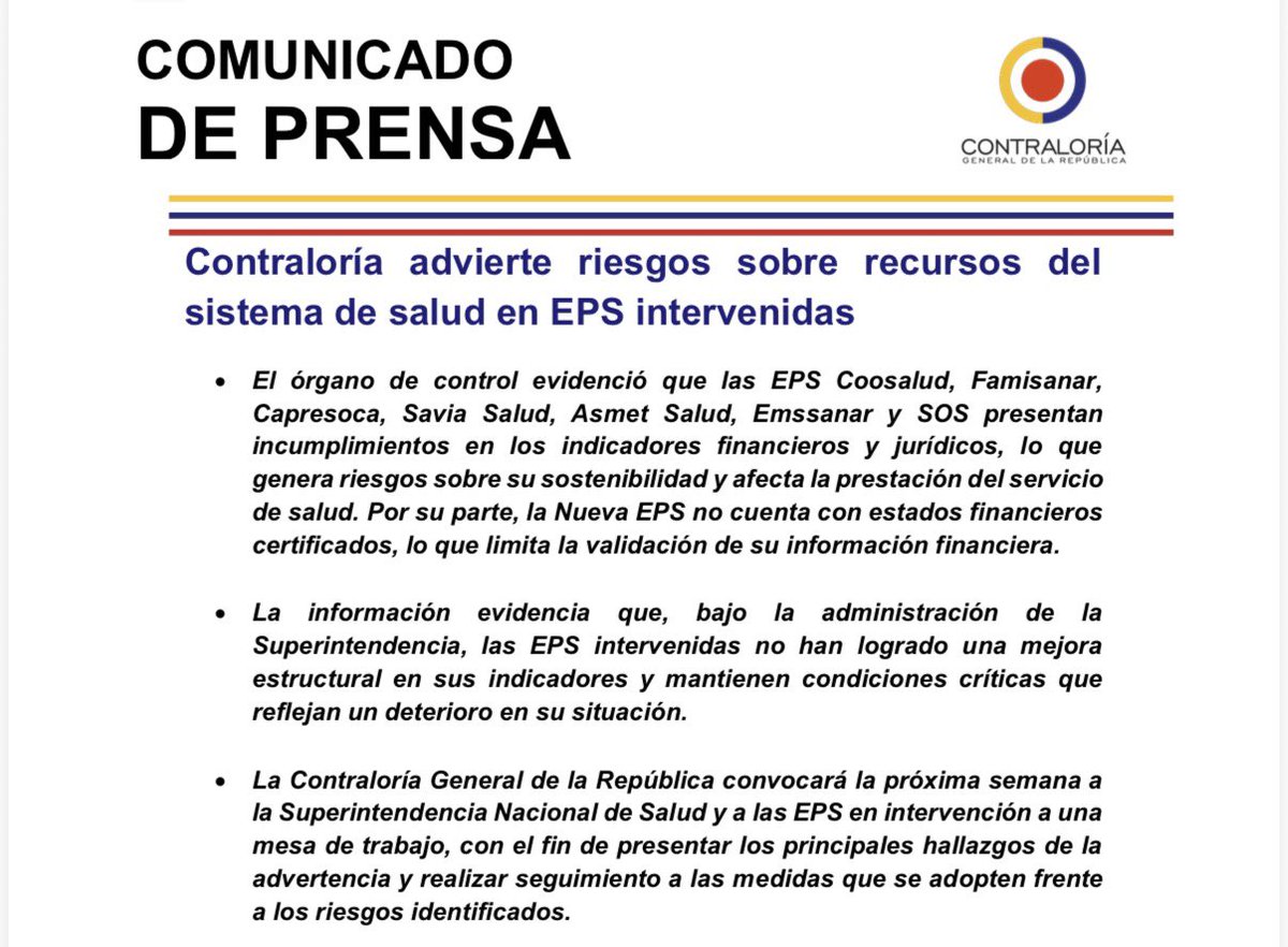 🚨Advertimos a la <a href="/Supersalud/">Supersalud</a> sobre el deterioro crítico y sostenido de las #EPS bajo intervención forzosa administrativa. El seguimiento realizado evidencia que las intervenciones no están cumpliendo su objetivo de estabilizar el sistema y que, en la mayoría de los casos, los