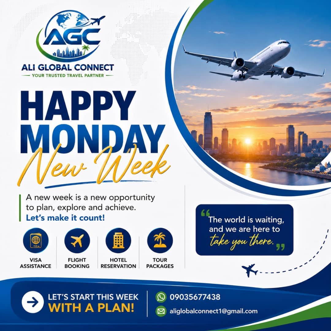 Senator_Oladeji's tweet photo. New week. Fresh goals. Endless possibilities ✈️🌍

This is your reminder to stop postponing your travel dreams.

Ali Global Connect is here to make your journey stress-free 💼

09035677438

#HappyMonday #TravelGoals #VisaProcessing #AliGlobalConnect https://t.co/VbsEpDG2Ji