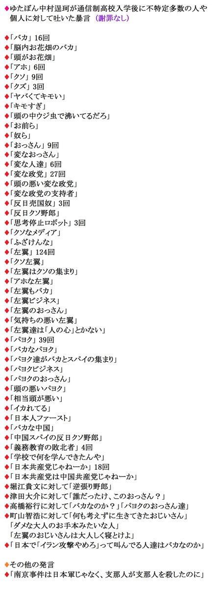 japanoutside's tweet photo. 🔶ゆたぼん中村逞珂が通信制高校入学後に吐いた暴言 等 (内容は画像に)

🔶#ゆたぼん と直接関わっていた人と犯罪歴
♦立花孝志 (脅迫) (名誉毀損→収容)
♦へずま���ゅう 原田将大 (威力業務妨害)
♦スーパークレイジー君 西本誠 (不同意性交致傷→収監)
♦よりひと 長田賢人 (強要未遂・名誉毀損) https://t.co/s2oBF8Sil7