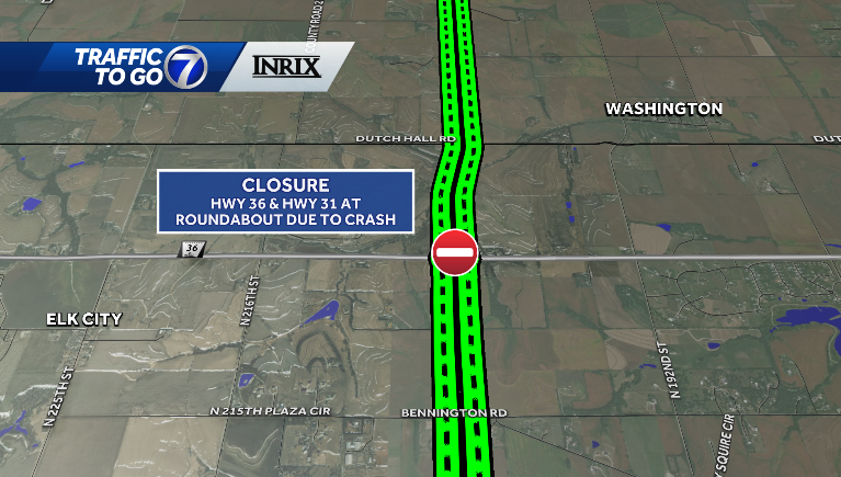 CaitlinHarveyWX's tweet photo. Hwy 36 &amp; Hwy 31 are CLOSED at the roundabout due to a crash. Sounds like a semi lost a load of lumber. #TrafficToGo https://t.co/mmgM0r96S7