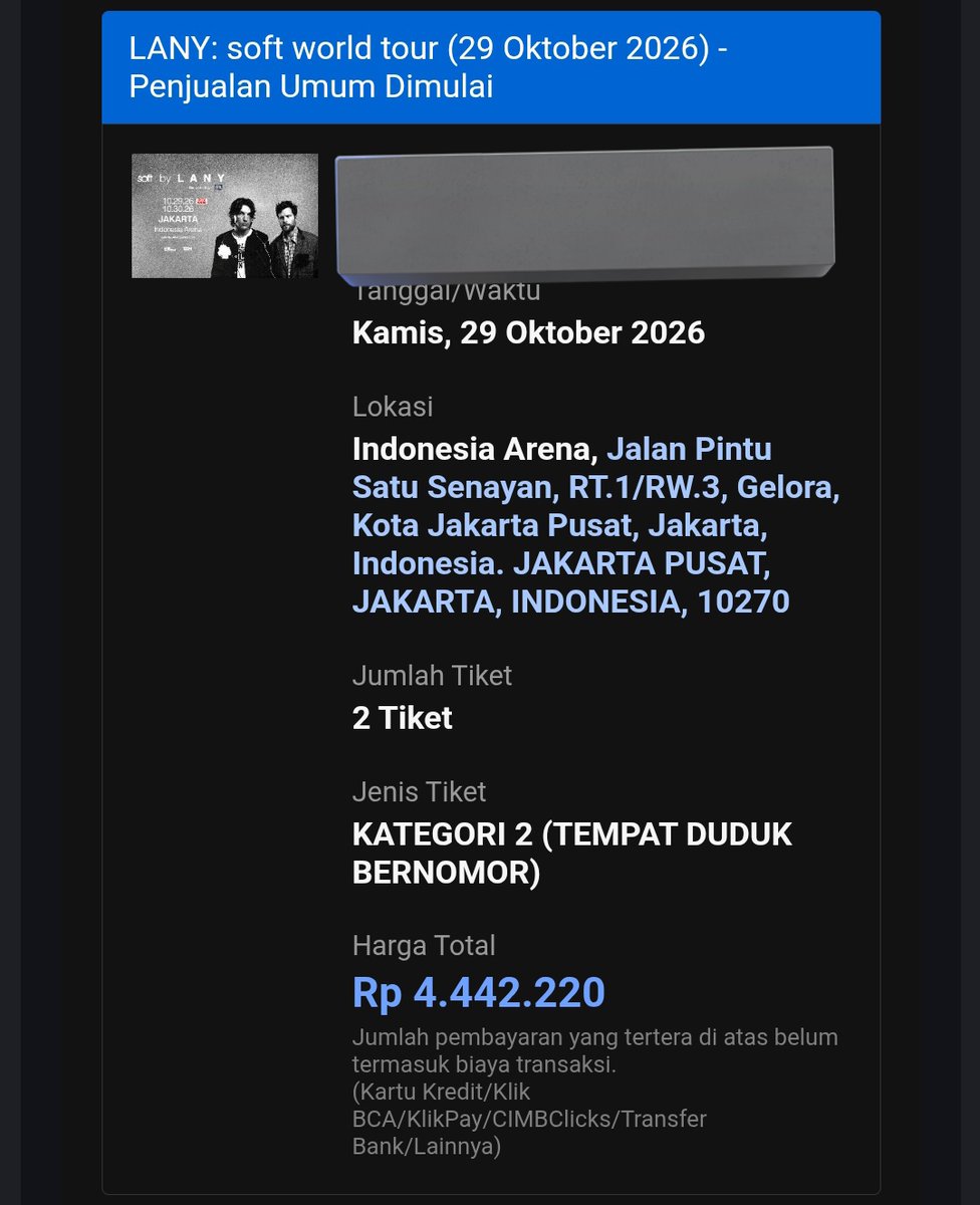sound_of_sasa's tweet photo. WTS TIKET LANY 29 OKTOBER 2TIX PUNYA PRIBADI ALASAN JUAL KRNA MAU NNTN THE WEEKEND TT
#zonauangㅤ #wts #lany #LANY #LANYJakarta #LANYIndonesia #LANYJKT #LANYConcert #LANYTour2026 #LANYLive #LANYTickets #WTSLANY #TicketLANY #ConcertJakarta #Jakarta https://t.co/oqrCGkPBlq