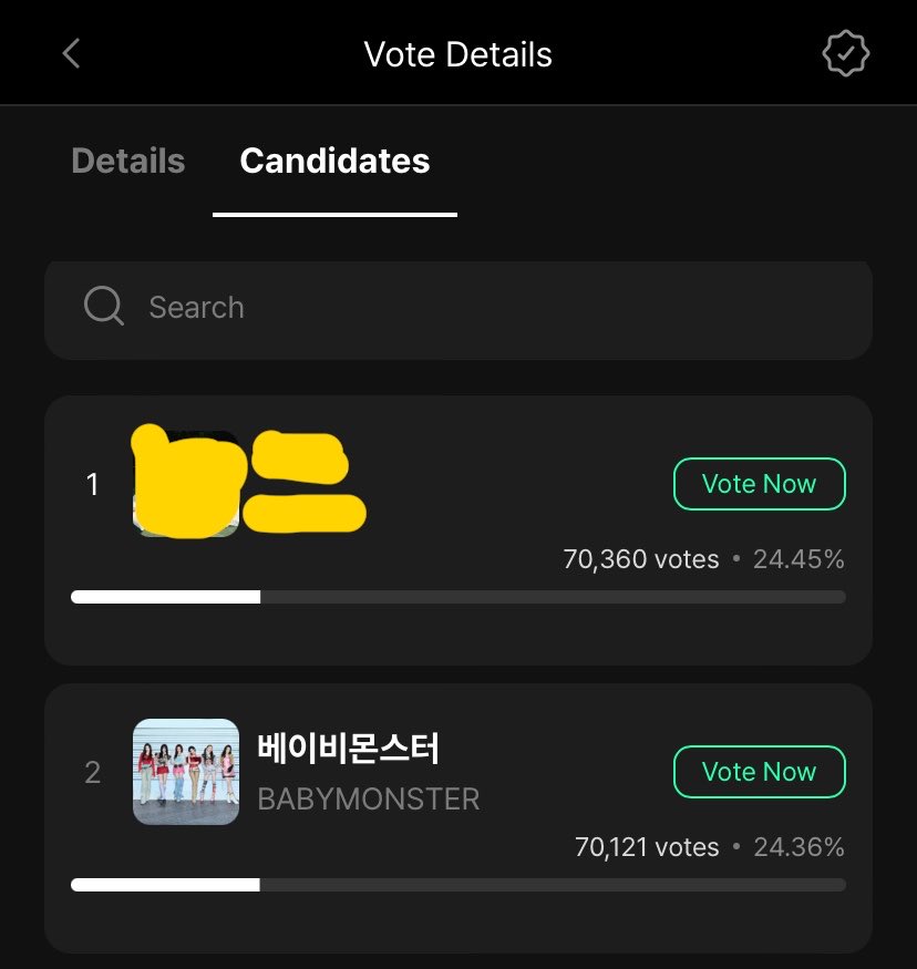 [📢] MUSIC CORE STAGE PICK VOTE

BABYMONSTER is currently #2 on M Stage Pick!

🥇 *— 70,360 votes
🥈 BM — 70,121 votes🚨

📈 Gap to #1: 239 votes

📱 App: MUNIVERSE 
⏰ Voting ends: 14 May

Create more accounts monstiez! Check in daily and drop your votes!
