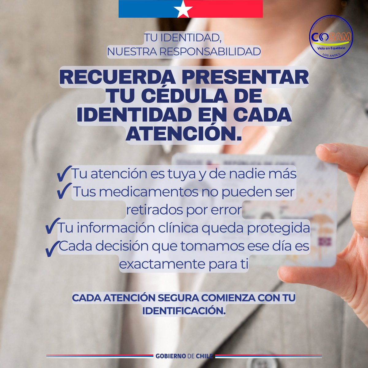 Cada atención segura comienza con tu identificación.

No importa si vienes a tu control, a retirar tus medicamentos o a agendar una hora — tu cédula de identidad es lo primero.
Es el paso más simple que puedes dar para cuidar tu salud.

#tuidentidadnuestraresponsabilidad