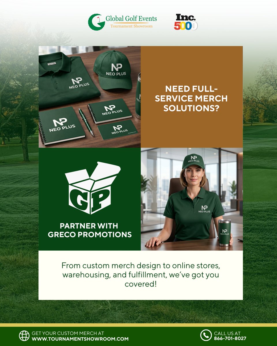 GlobalGolfEvent's tweet photo. Need full-service merch solutions?  Partner with Greco Promotions — your end-to-end solution for custom merch design, online stores, warehousing, and fulfillment built specifically for tournament and event needs.

#GolfTournaments #EventMerch #CorporateGolfEvents https://t.co/r0X362OFIL