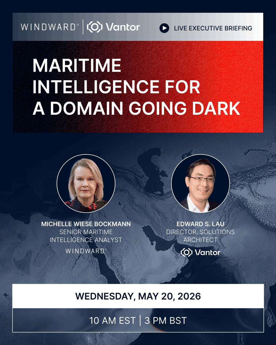 WindwardAI's tweet photo. The era of single-source tracking is over. 

On Day 1 of Operation Epic Fury, 1,100 vessels hit GPS & AIS interference. With 100+ dark events daily in the Gulf, AIS alone is no longer enough.

Join Windward & @vantortech to see how fusing satellite imagery, RF, and behavioral analytics reveals what happens when the maritime domain goes dark.

May 20 | 10AM EST | 3PM BST

https://t.co/UV9iOOfkUV