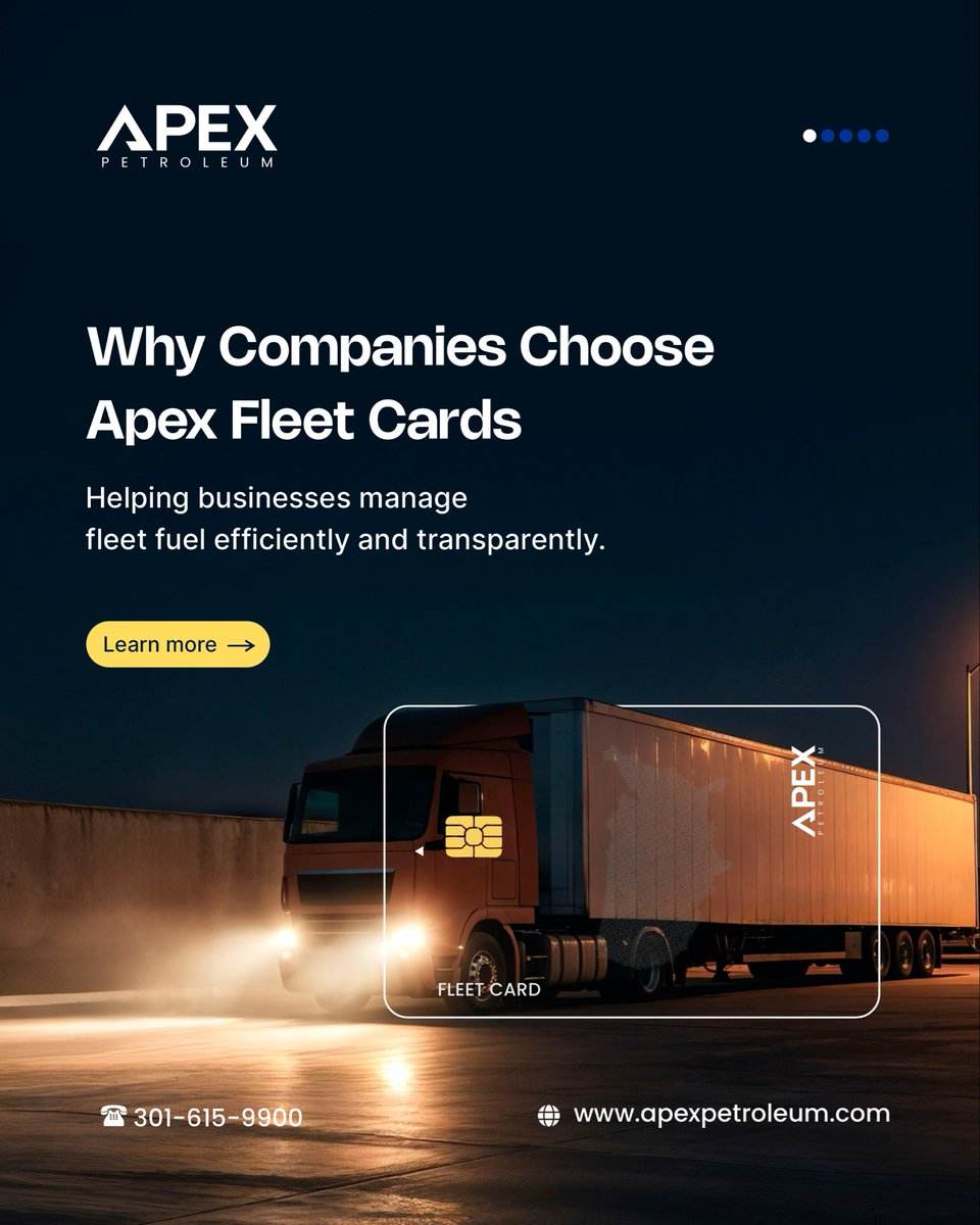 PetroleumApex's tweet photo. Businesses across multiple industries are adopting fleet cards to manage fuel expenses efficiently. 
Apex Fleet Cards provide transparency, control, and convenience for companies operating multiple vehicles. Apply today and fuel smarter.

#fleetcard #fleetcards #fuelcards #usa https://t.co/MgoGwAa7AF