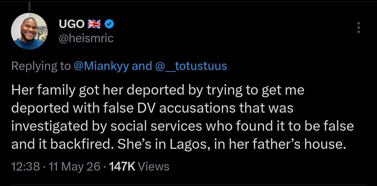Someone left UK 🇬🇧 came back to 9ja and married u.

Took u to UK 🇬🇧 paid your school fees, bought u a car 🚗 as gift for having his child 

Then u cheated on him

Now he has divorced u and u have been deported to UK 🇬🇧 

The man that u cheated on him with is still in UK 🇬🇧 

Both