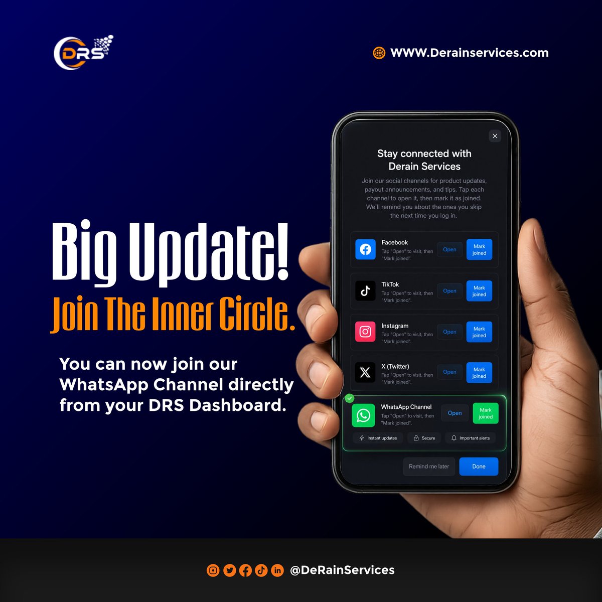 DerainServices's tweet photo. We just made updates faster! 📲 You can now join the De Rain WhatsApp Channel right from your dashboard. Log in, join the family, and don't miss any incentive drops! ☔️ #DRS2026 #nffc #DíaDeLaMadre #Barça https://t.co/iNe97ft79y