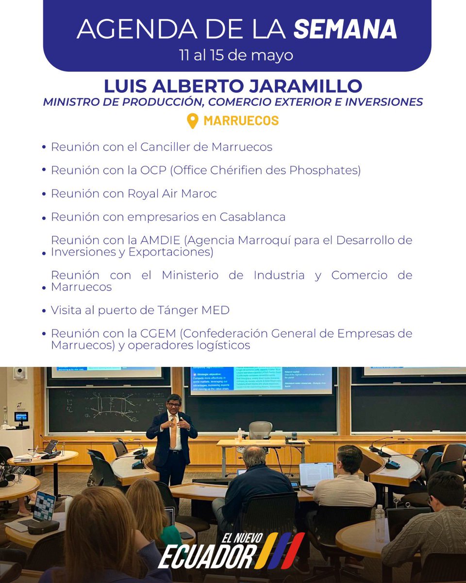 Produccion_Ecu's tweet photo. 🇪🇨🇲🇦 La agenda del ministro @LuisJaramilloOK en Marruecos fortalece los lazos de cooperación, comercio e inversión entre ambos países.
Mediante reuniones estratégicas Ecuador se posiciona como destino de oportunidades para inversiones, impulsar exportaciones y generar desarrollo. https://t.co/SyrOXhiO2M