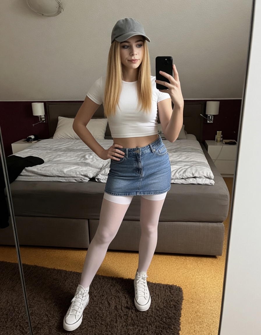 lillytg31's tweet photo. 😜Casual sissy day ✨
Just a soft girl in her comfy crop top, denim skirt and white tights. Cap on, sneakers on, feeling cute and comfy in the mirror. Nothing too crazy… just a sissy chilling in her favorite little outfit 📷What do you think? #SissyLife #SissyStyle #CasualSissy #MirrorSelfie