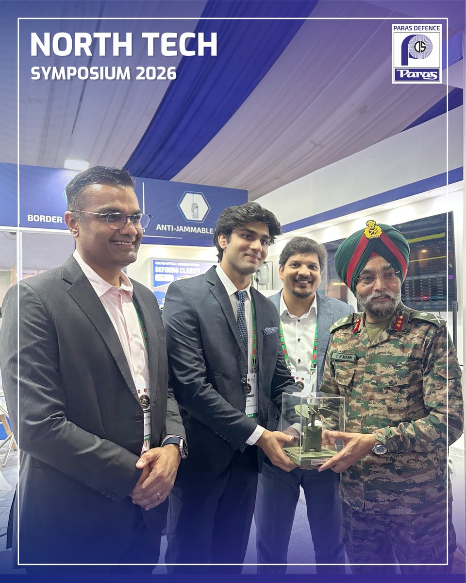 ParasDefence's tweet photo. At the North Tech Symposium 2026, Paras Defence and Space Technologies Limited had the honour of welcoming distinguished leaders from the Indian Army to our booth.
We were privileged to showcase the Paras SK-50 along with our latest advanced defence technologies. https://t.co/yVWegP3Vgy