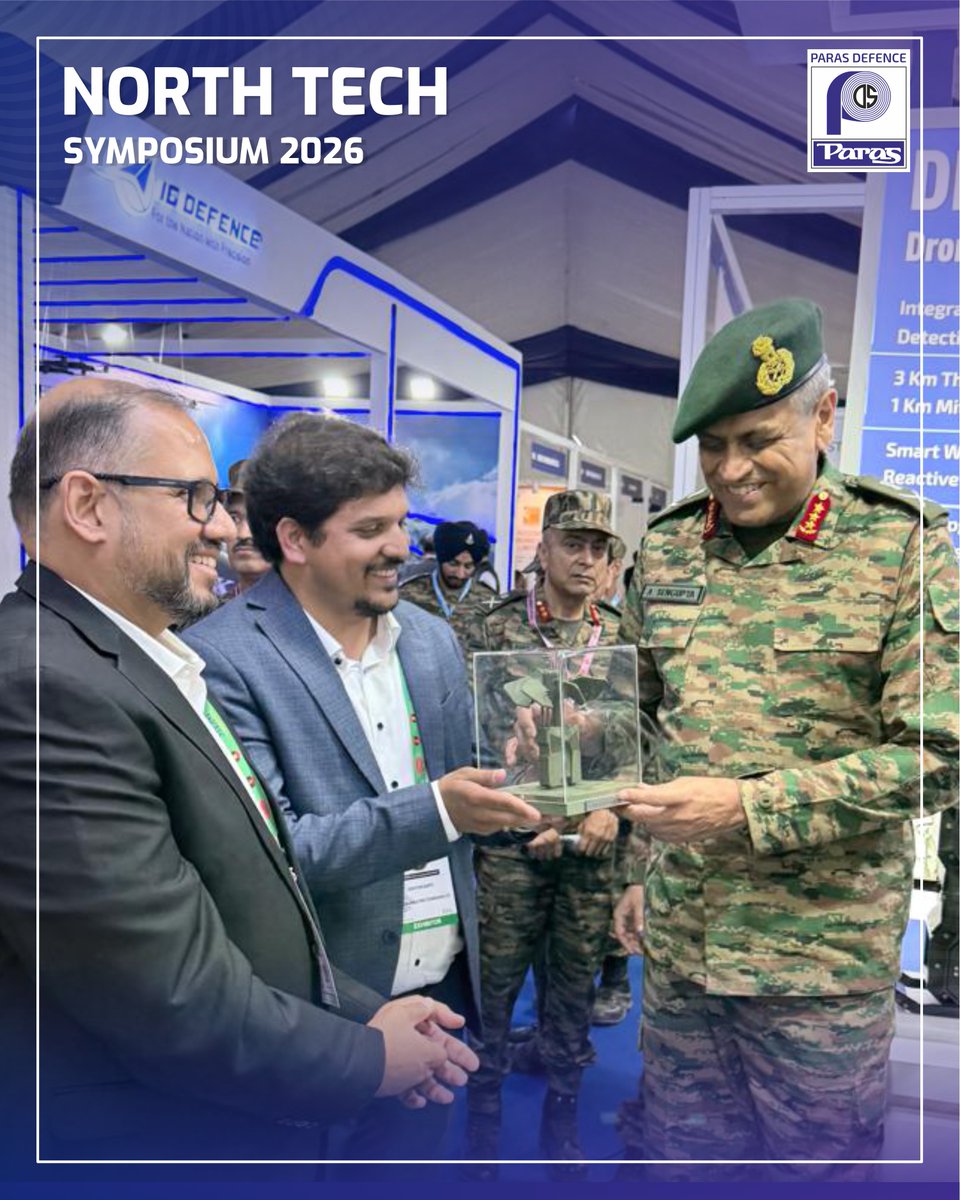 ParasDefence's tweet photo. At the North Tech Symposium 2026, Paras Defence and Space Technologies Limited had the honour of welcoming distinguished leaders from the Indian Army to our booth.
We were privileged to showcase the Paras SK-50 along with our latest advanced defence technologies. https://t.co/yVWegP3Vgy