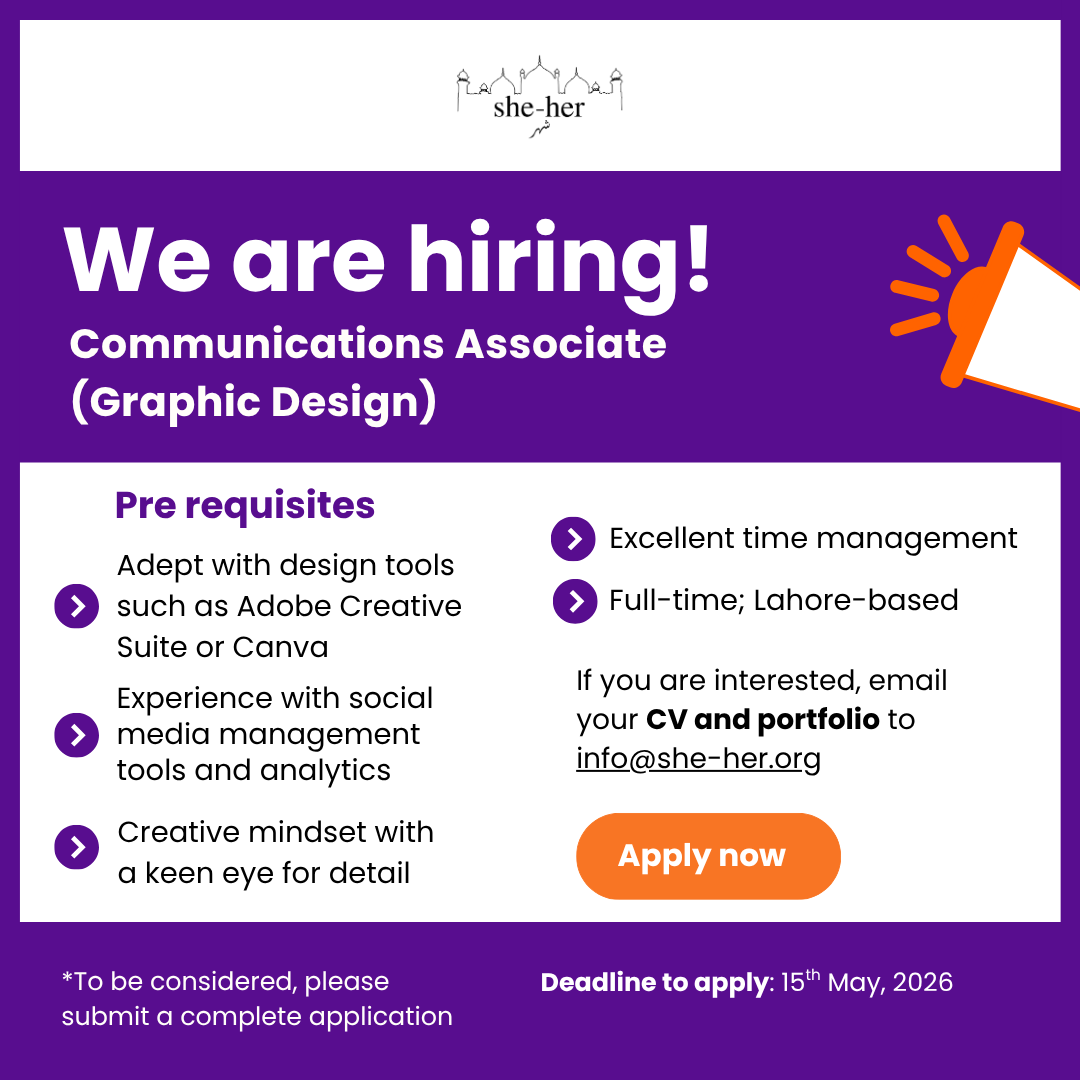 Sheher_Pakistan's tweet photo. She-her Pakistan is looking to hire a full-time Communications Associate in Lahore. If you have experience in writing, journalism, graphic design, and Canva, with a passion for human rights, this might be the right role for you!

Apply now: info@she-her.org https://t.co/xZl4R7L8hN