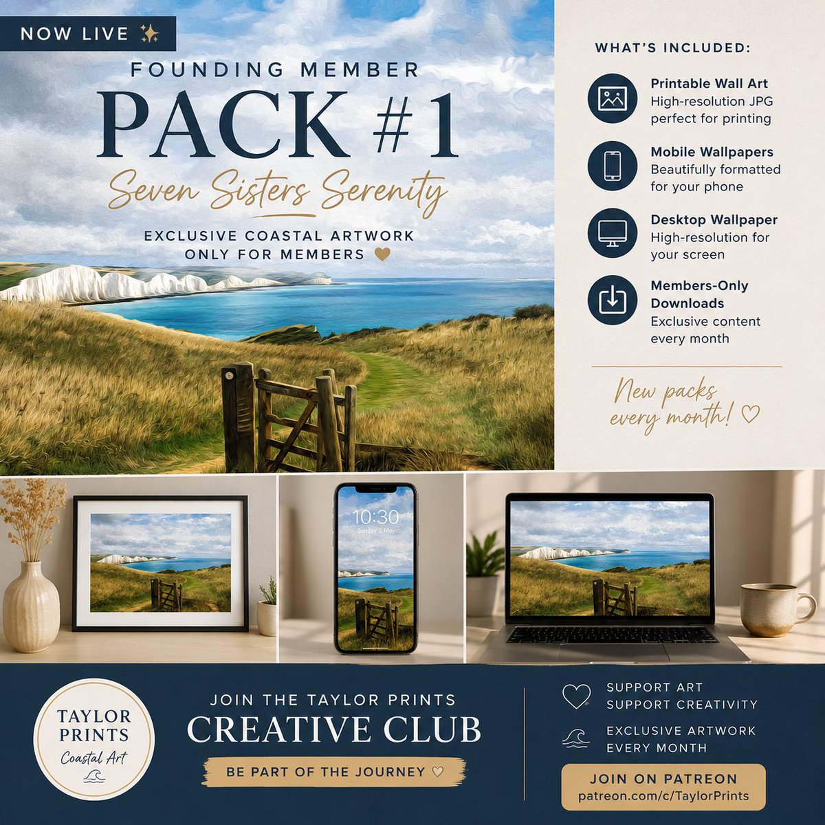 Taylor_Prints's tweet photo. 🌊✨ NOW LIVE ✨🌊

Introducing my first exclusive Taylor Prints members pack:
🎨 Seven Sisters Serenity

🖼️ Printable wall art
📱 Mobile wallpapers
💻 Desktop wallpapers
⬇️ Exclusive monthly downloads

Join here:
https://t.co/jq0qN3p0KD

#downloadableart #Patreon #CoastalArt https://t.co/gv3rDZvrjj