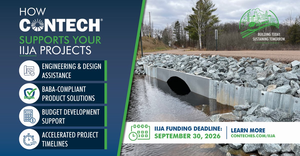ContechES's tweet photo. How Contech Supports Your IIJA Projects
• Engineering &amp; design assistance 
• BABA-compliant product solutions 
• Budget development support 
• Accelerated project timelines 

End-to-end support designed to help you secure funding and deliver results. https://t.co/OycC1Iwwk7 https://t.co/MQzH4MfiRW