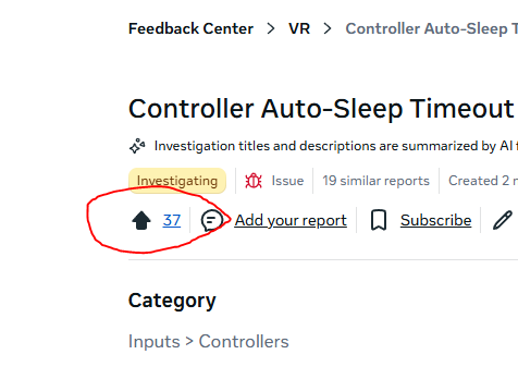 salenavrc's tweet photo. If you're using Meta Quest and your controllers turn off annoyingly all the time when lying down or standing still, go upvote this so they can fix it and show how many people it's affecting.

https://t.co/A5aKTVgwvH

Reposting would help greatly! https://t.co/APuDGGA2ip
