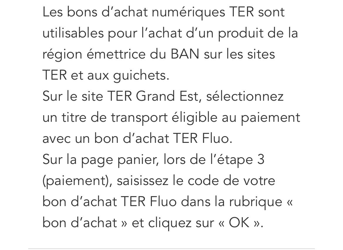 SebGouillard's tweet photo. @TERGrdEstParis Oui, mais je n’ai pas trouver où indiquer le bon d’achat. D’ailleurs, dans le mail reçu avec le bon d’achat, il est indiqué que l’achat se fait uniquement sur le site TER Grand Est, donc pas sur SNCF Connect. https://t.co/AmzZA1MGck