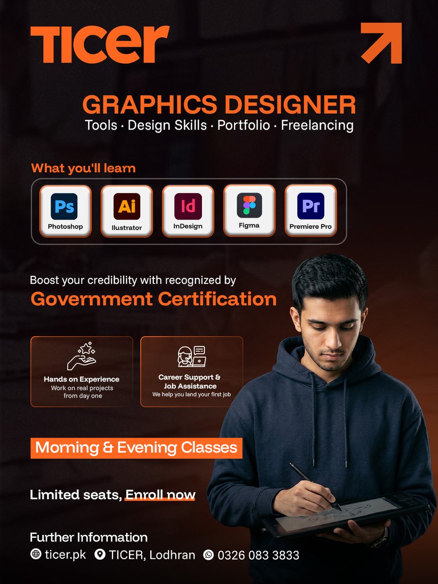 ticerpk's tweet photo. 🎨 Become a Professional Graphics Designer with TICER!Learn:
✔️ Photoshop
✔️ Illustrator
✔️ Figma
✔️ Premiere Pro🏆 Government Certification
💼 Job Assistance
⏳ 6 Months Duration📍 Lodhran
📞 0326 083 3833 | 0608 36 4433
🌐 https://t.co/re5sx0CpO7 #TICER #GraphicsDesign https://t.co/IYqb38enBN