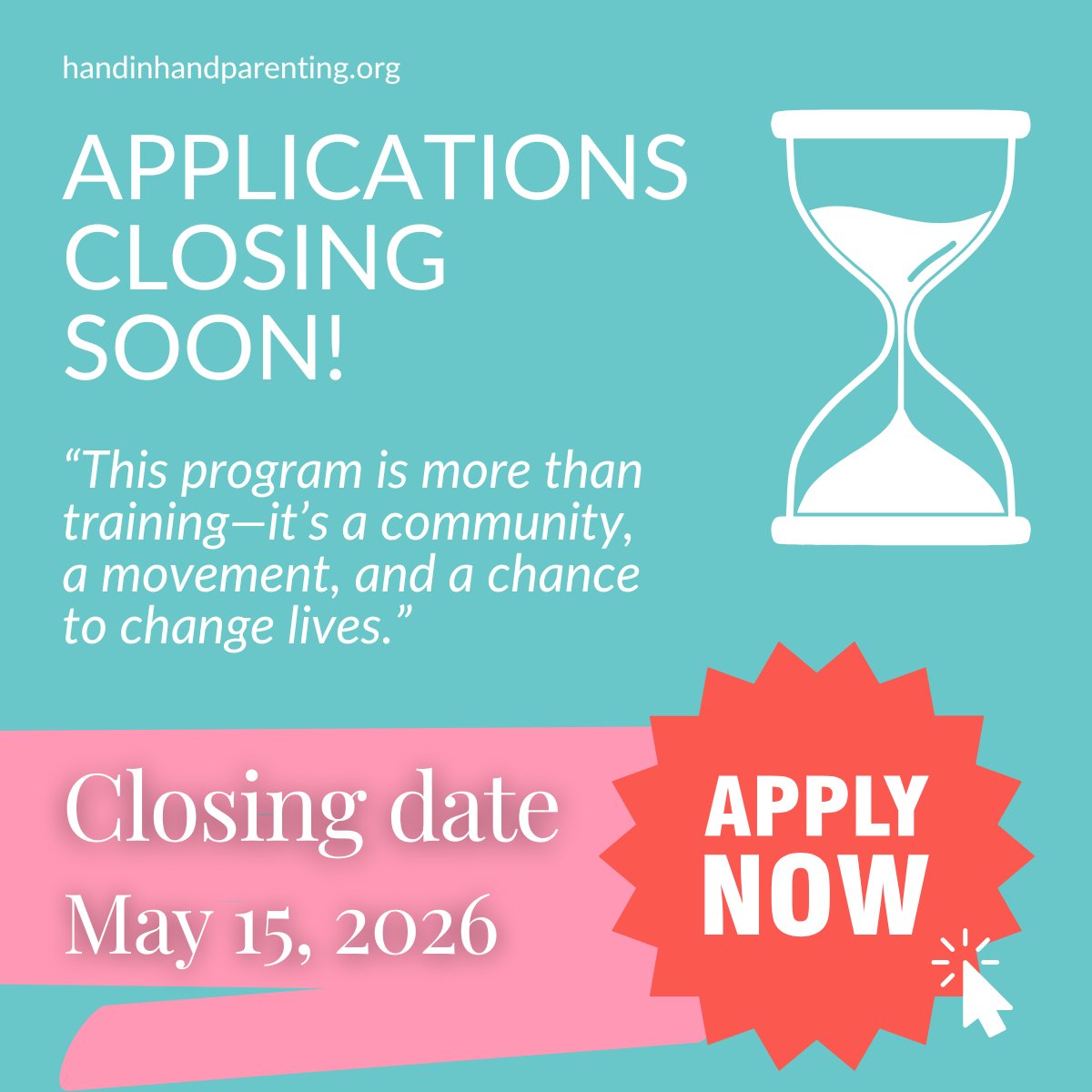 ListenToKids's tweet photo. Applications for the Hand in Hand Instructor Certification Pathway close May 15.  

The Pathway is for those who want to deepen their understanding and practice of the Hand in Hand approach – and, if they choose, learn to share it in a supported way.  

https://t.co/f47ugucCaw https://t.co/UVXwnb6TDI