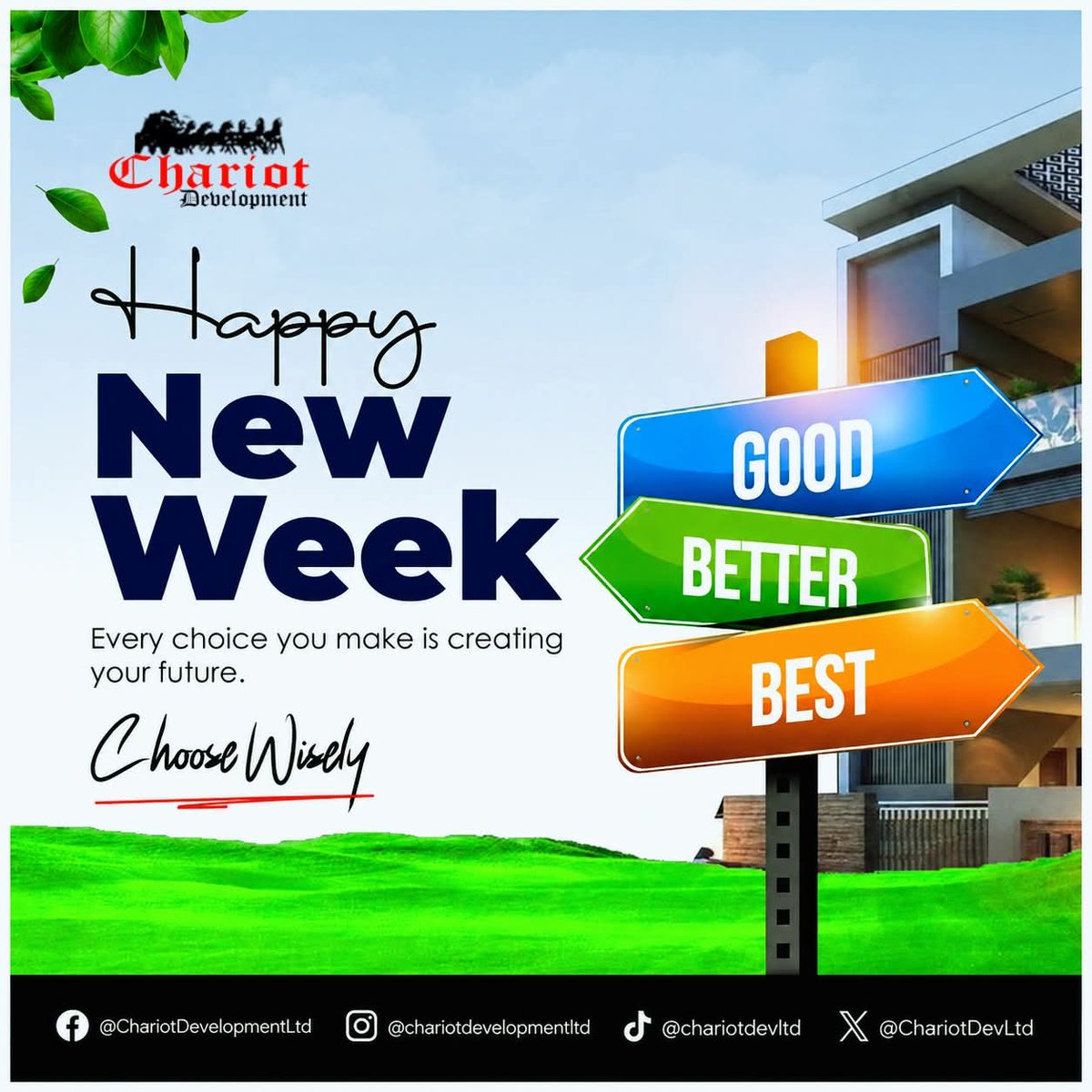 ChariotDevLtd's tweet photo. Every choice you make today is shaping the future you’ll live tomorrow. Choose growth, choose progress, choose wisely. 🏡

Welcome to a productive and successful week from Chariot Development Limited. 🤝

#HappyNewWeek #ChooseWisely #ChariotDevelopmentLimited #RealEstateNigeria https://t.co/LIRYiWYCqt