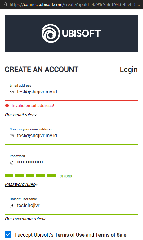 shoji_vr's tweet photo. @UbisoftSupport and verification code never sent to my domain @shojivr.my.id , i think ubisoft blocked my domain because when i create account, it says invalid email address.
even thou i can create steam or other website using this email, only ubisoft doesnt work. https://t.co/eWmDW1gOXh