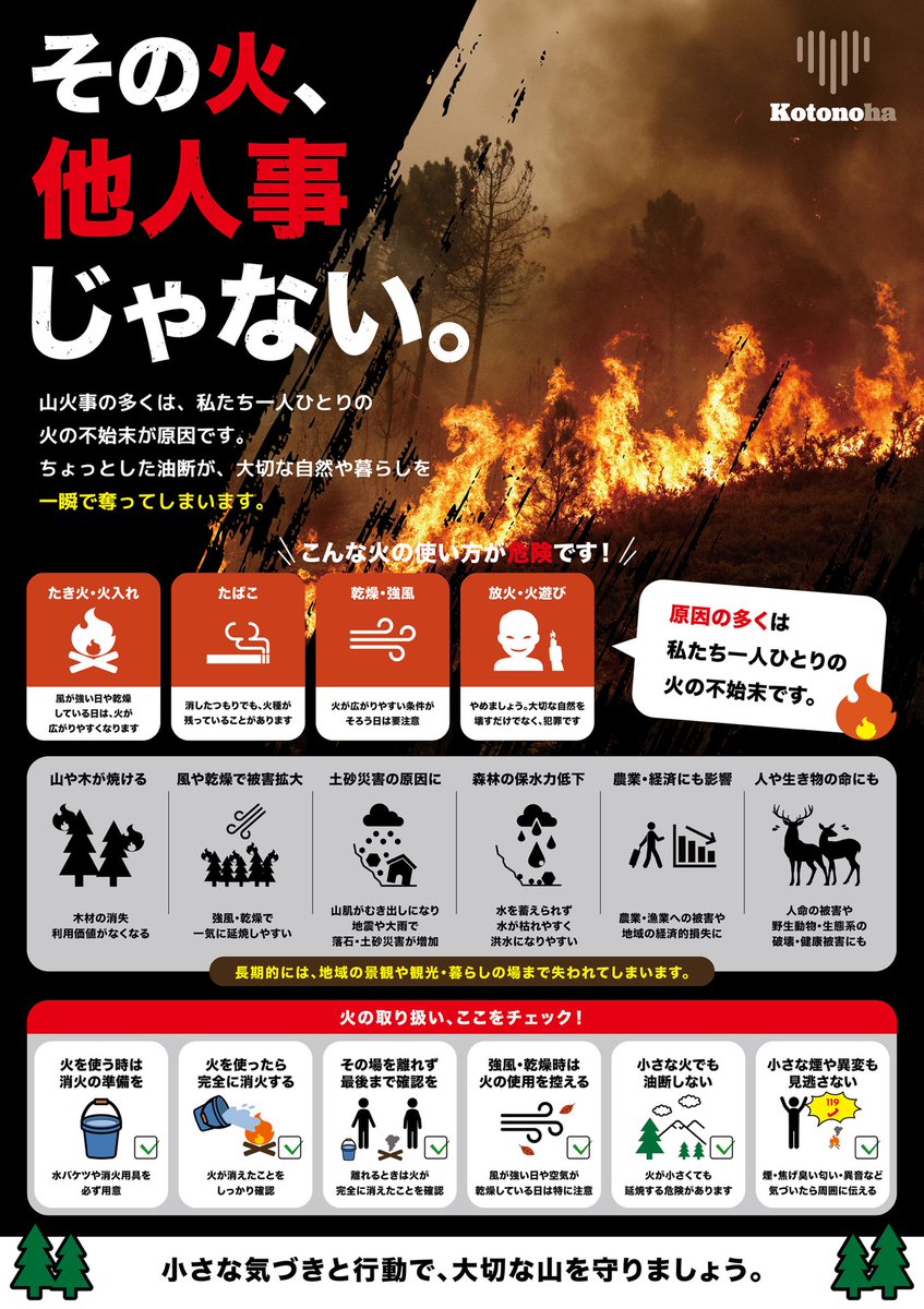 山火事防止の啓発ポスター
つなぐのと、カミコベで掲示しました。

その火、他人事ではない。

オリジナルで作ったものなので
ぜひSNSで広げちゃってください！

今回のポスターは
火の取り扱いへの注意だけではなく

山火事が起きることで
どんな被害につながるのかまで
伝えられる内容にしています。