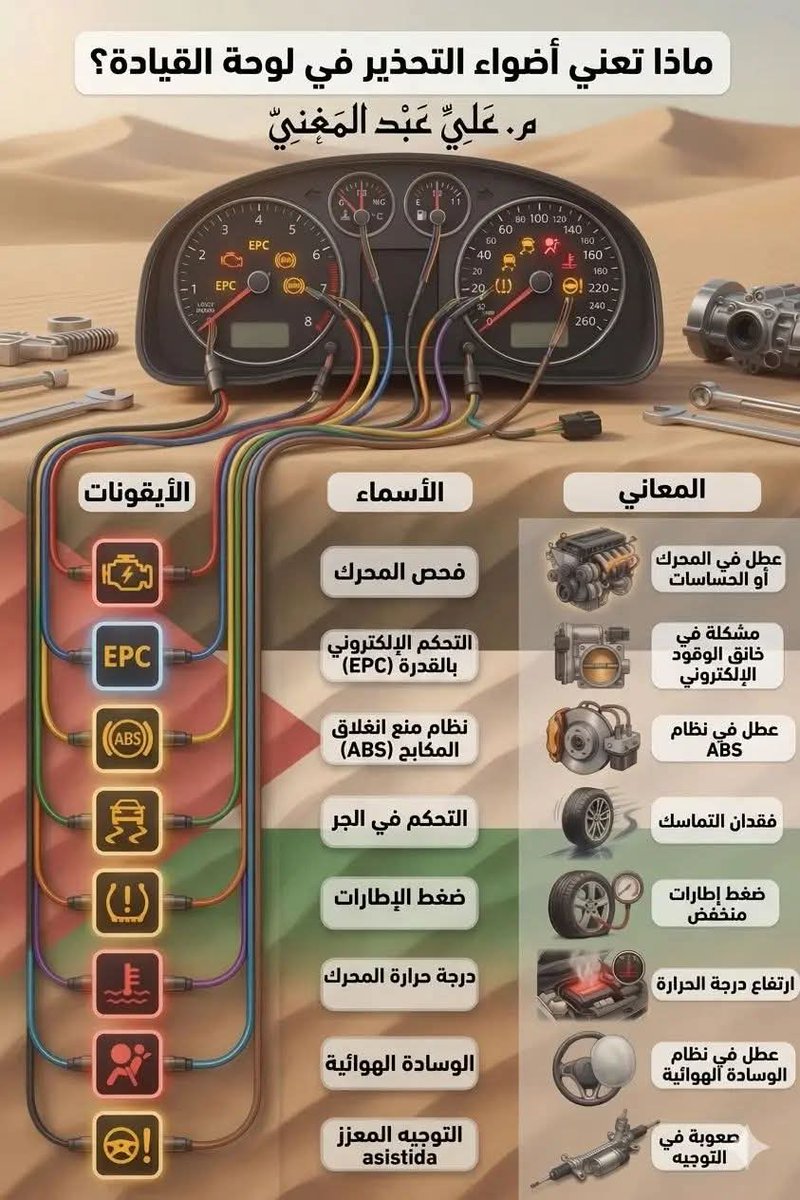 t_mnw56084's tweet photo. تعرف على لغة سيارتك! 🚗💡
​لوحة القيادة (الطبلون) ليست مجرد أضواء ملونة، بل هي وسيلة سيارتك لتخبرك بوجود مشكلة ما. إهمال هذه العلامات قد يؤدي إلى أعطال مكلفة أو يعرض سلامتك للخطر.
​في هذا التصميم، لخصنا لكم أهم رموز التحذير ومعانيها بالعربي:👇👇:
#ثقافة_سيارات #نصائح_ميكانيكية https://t.co/PXnelJ7Qpi