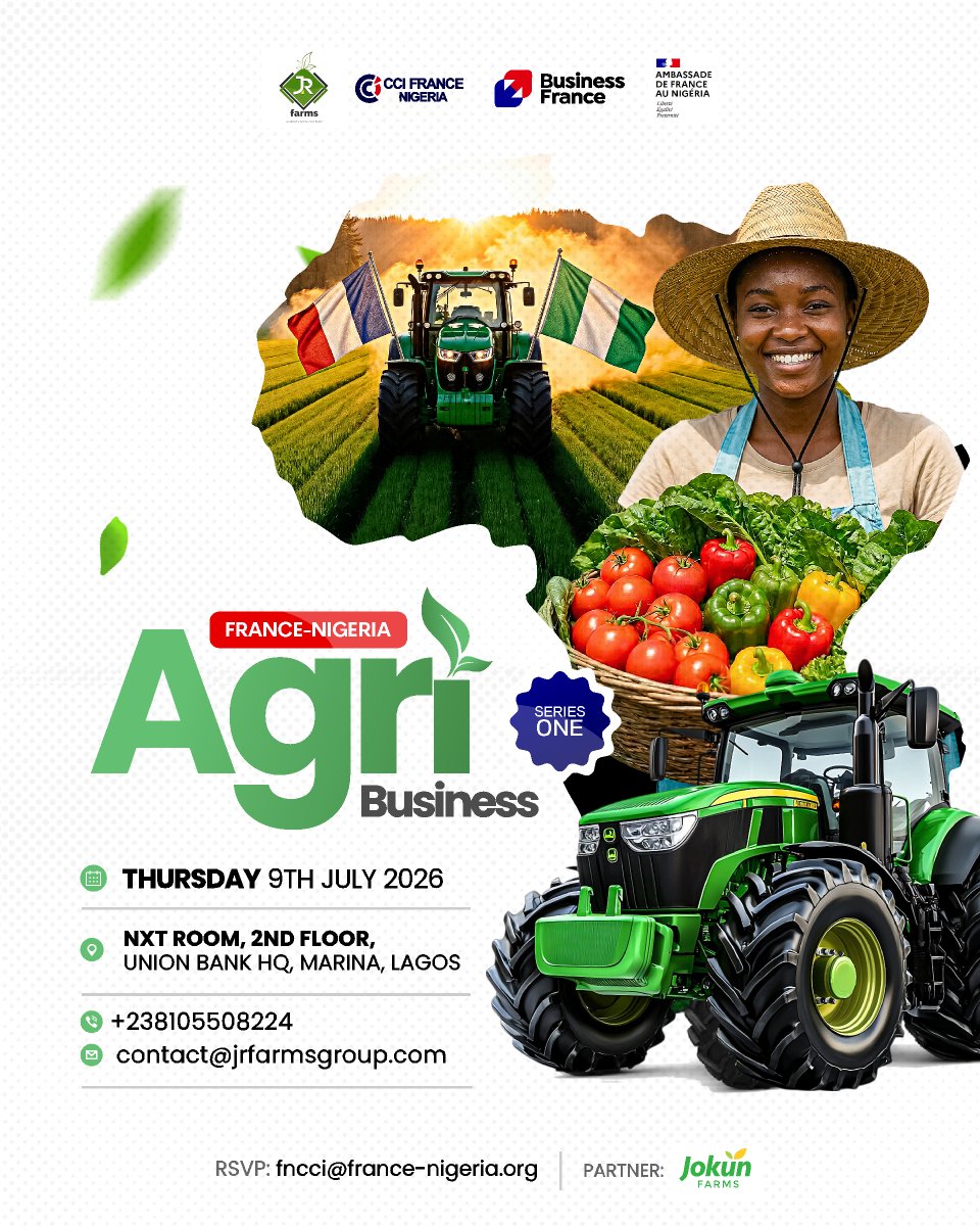 LBSNigeria's tweet photo. Registration is now open for the France–Nigeria Agribusiness Series 1, a major platform connecting French & Nigerian agrifood stakeholders, investors, policymakers, and business leaders.

Organised by @JRFarmsGroup in collaboration with the France–Nigeria Chamber of Commerce & the French Embassy in Nigeria ( @FranceInNigeria ).

𝗗𝗮𝘁𝗲: Thursday, 9th July 2026
𝗩𝗲𝗻𝘂𝗲: NXT Room, 2nd Floor, Union Bank HQ, Marina, Lagos

𝗥𝗲𝗴𝗶𝘀𝘁𝗲𝗿 𝗵𝗲𝗿𝗲:
https://t.co/vmZTMNzNJI

𝗙𝗼𝗿 𝗲𝗻𝗾𝘂𝗶𝗿𝗶𝗲𝘀:
Call: +238105508224
Email: contact@jrfarmsgroup.com

𝗥𝗦𝗩𝗣: fnnci@france-nigeria.org

#Agribusiness #FranceNigeria #FoodInnovation #Agriculture #Agrifood #BusinessNetworking #LagosBusinessSchool #Responsibleleadership