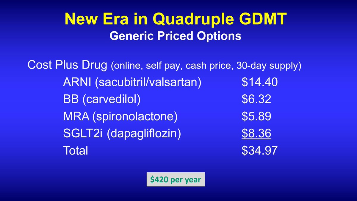gcfmd's tweet photo. Quadruple GDMT for HFrEF

ARNI+BB+MRA+SGLT2i

At drug pricing in 2023 in US with annual costs of $9869, Q-GDMT was found to be cost effective (vs 2 or 3 drug regimens)

At 2026 pricing with annual costs of $420, now highly cost effective (ICER <$5000 per QALY saved)

Implement! https://t.co/tsih0FqS71