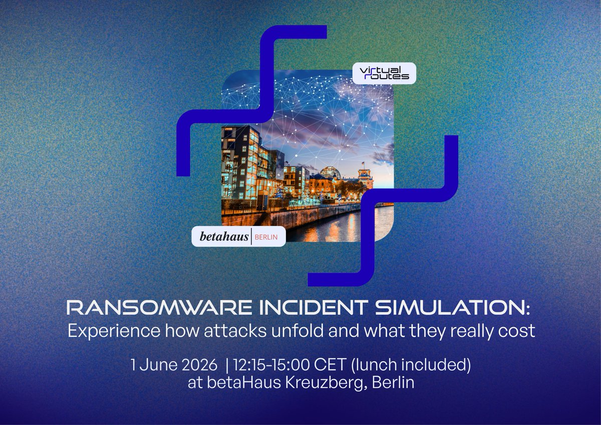 VirtualRoutes's tweet photo. Exactly one week to go to join our Ransomware Incident Simulation in Berlin. 

This is a free and practical session to experience how a ransomware attack unfolds and what it really costs in time, pressure, and decision-making.

🔗Sign up: https://t.co/KWsEtG5qUs https://t.co/IHhFUHelym