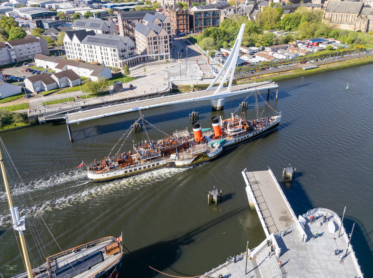 KB_Photos07's tweet photo. Drone images of the PS Waverley sailing through the opened Govan-Partick bridge yesterday morning as part of the Glasgow &amp; Clyde Coast Spring Cruises 2026

@PS_Waverley @Glasgow_Live @Glasgow_Times 
#Waverley #WaverleyPS  #riverclyde #govantopartickbridge https://t.co/vZSItu5l6c