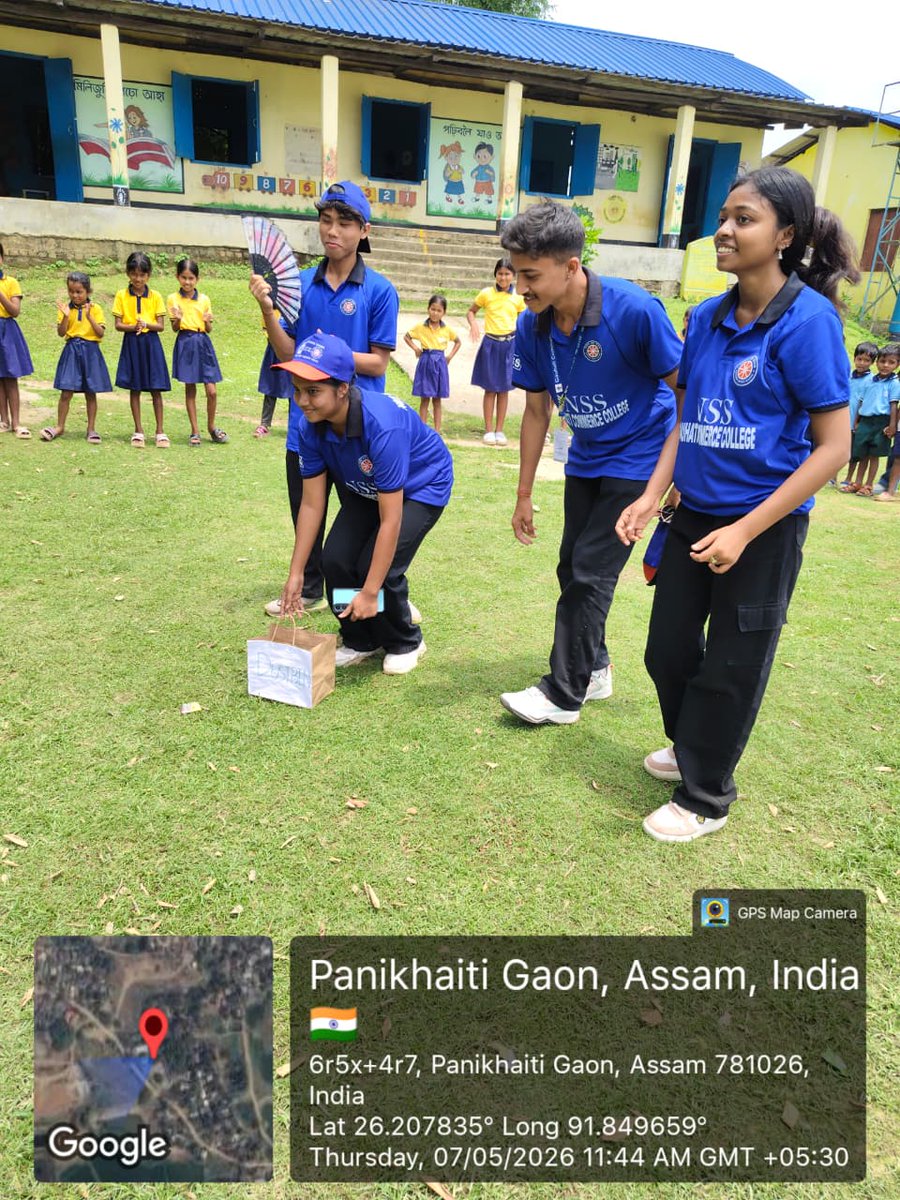 NSS_GCC's tweet photo. GCC NSS volunteers staged a skit on 'Urban Waste Disposal' in their second  adopted village at No.2, Kharguligaon,  Rajabari on 7th May'26.The skit aimed at raising awareness on responsible waste disposal.@nss_rdguwahati https://t.co/wNDkHwcmAD