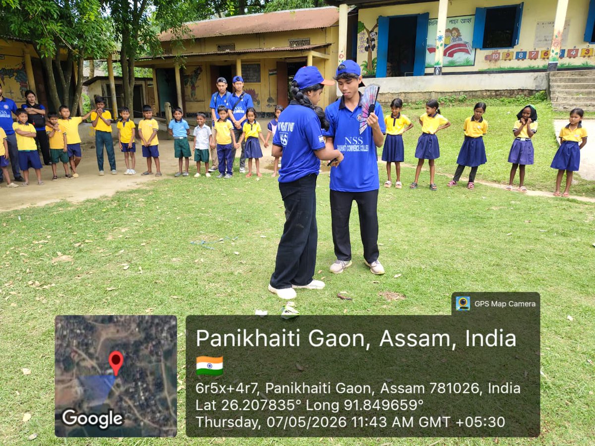 NSS_GCC's tweet photo. GCC NSS volunteers staged a skit on 'Urban Waste Disposal' in their second  adopted village at No.2, Kharguligaon,  Rajabari on 7th May'26.The skit aimed at raising awareness on responsible waste disposal.@nss_rdguwahati https://t.co/wNDkHwcmAD