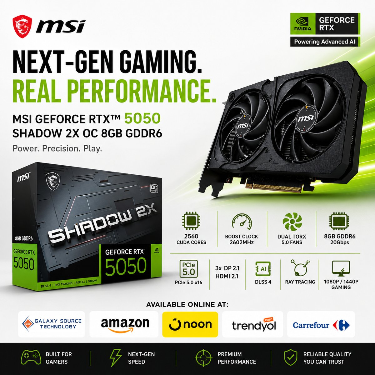 GalaxySourceAE's tweet photo. Level up your 1080p &amp; 1440p gaming setup with the powerful MSI GeForce RTX 5050 SHADOW 2X OC 8GB GDDR6 🎮⚡ 

Built for smooth gameplay, AI-enhanced visuals, and efficient cooling — ready for your next gaming upgrade.

Available now at Galaxy Source Technology, Amazon, Noon https://t.co/4P3HQrJ6gz